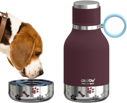 Dog Bowl Attached to Stainless Steel Insulated Bottle 1 Liter (Burgundy)